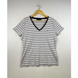 Tommy Hilfiger Striped V Neck T Shirt Womens XXL Red Blue Gray 100% Cotton Tee